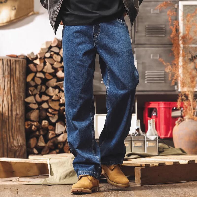 Jielinuo Men's American Retro Slub Cotton Straight-Leg Jeans