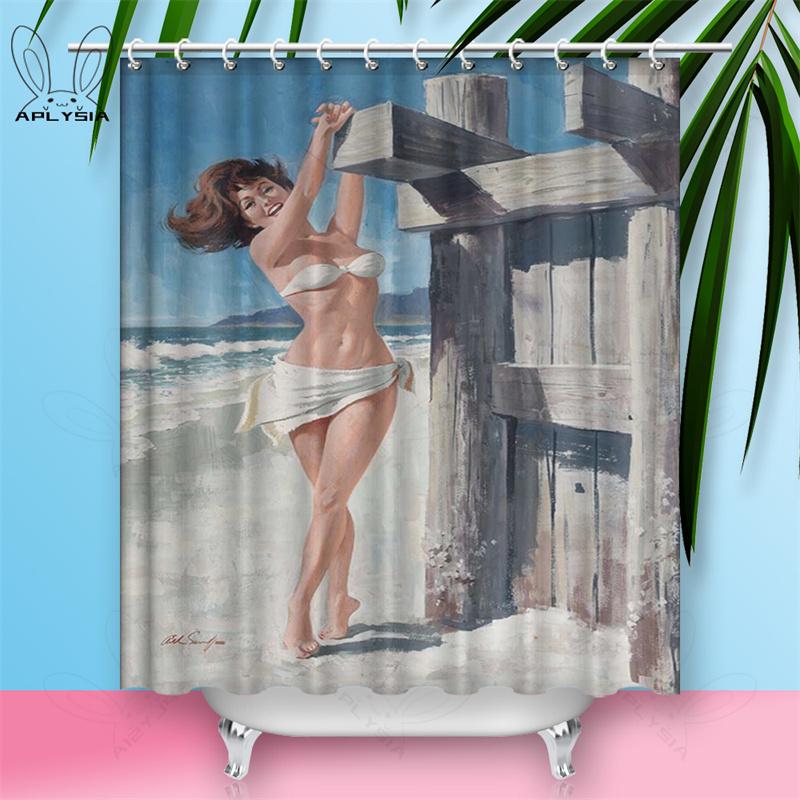 Custom Sexy Girl Hot Breast Shower Curtains European Retro Woman Skirt Dress Daily Waterproof Polyester Fabric Bathroom Curtain