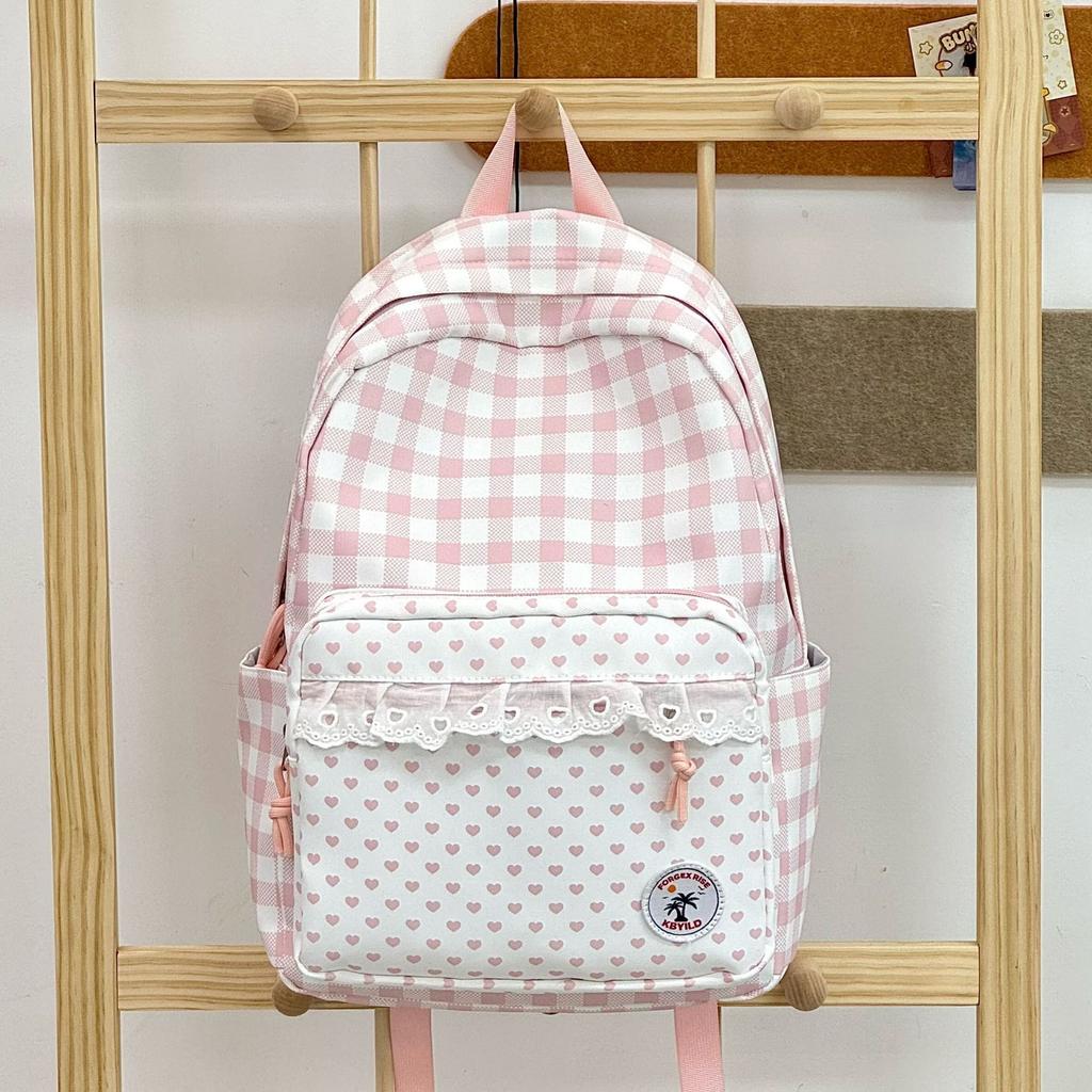 Schultasche Koreanisch süß blau-weiß karierter Rucksack Mittelschulrucksack Mädchenherz Spitzen-Design Schultasche
