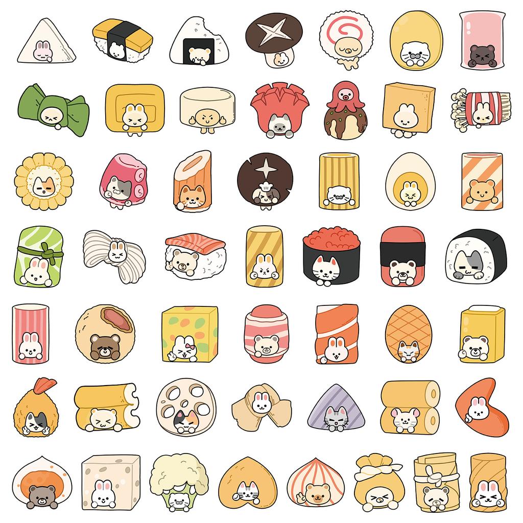 50 Pieces of Hand-drawn Transparent Background Stickers Featuring Japanese Small Animals for Notebook Luggage Stickers