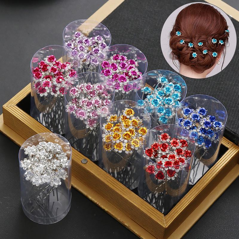 20Pcs Bridal Wedding Hairpin Fashion Rhinestone Rose Flower Hair Clips Headdress U-Shaped Barrettes Hair Clips Hair Stick