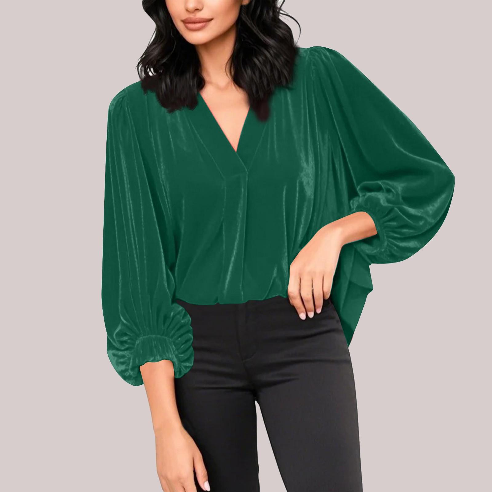 

Женские бархатные топы с V-образным вырезом и рукавами-фонариками 3/4, модные нарядные повседневные свободные рубашки для рождественской вечеринки и праздника XXL зелёный
