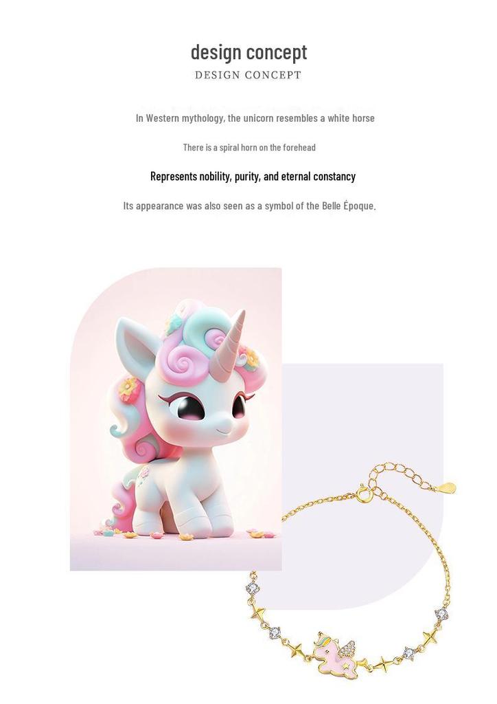 Tichia Rainbow Unicorn Bracelet: S925 Silver, Enamel, Heart Design for Women