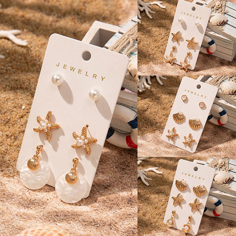 3Pairs Earring Set Gold Color Plated Imitation Shell Smooth Sea Star Pendant Pearl Earrings Women's Jewelry Gift
