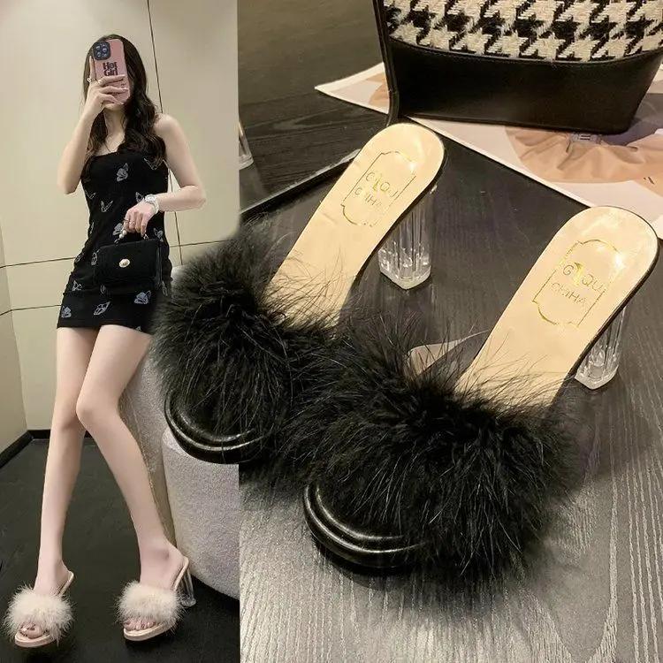 Fashion Fluffy Shoes Women's Slippers and Ladies Sandals Job Slides Heeled Sexy Furry Transparent Outside Open Toe Unique Easy Wears B Y