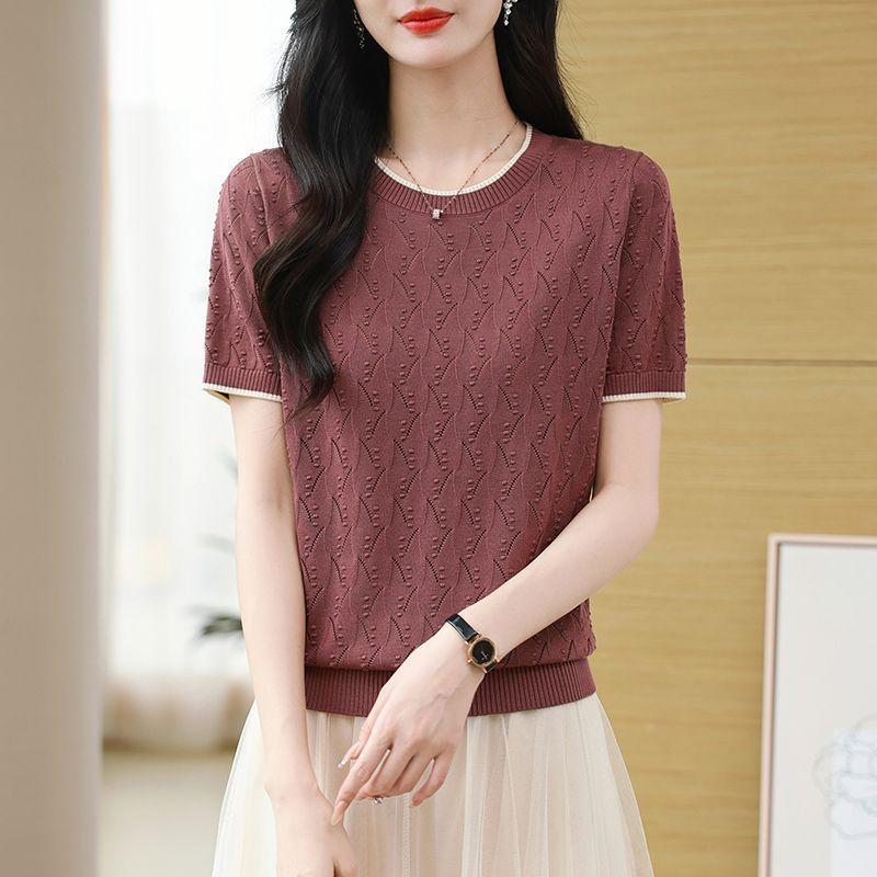 

Летняя женская трикотажная футболка с круглым вырезом, женский трикотажный свитер с ажурным тонким дизайном, облегающий топ M