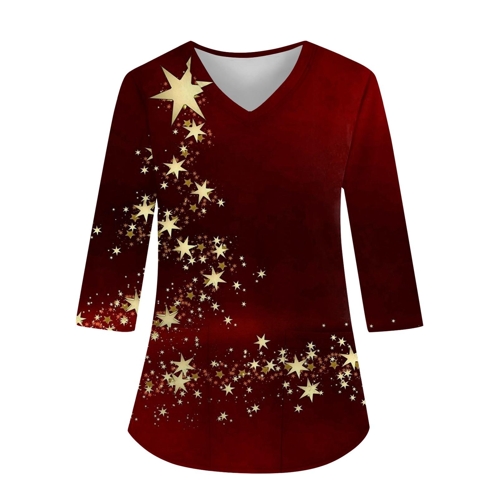 

Рождественский женский свободный топ с V-образным вырезом и карманом, с принтом и рукавом три четверти XL винный