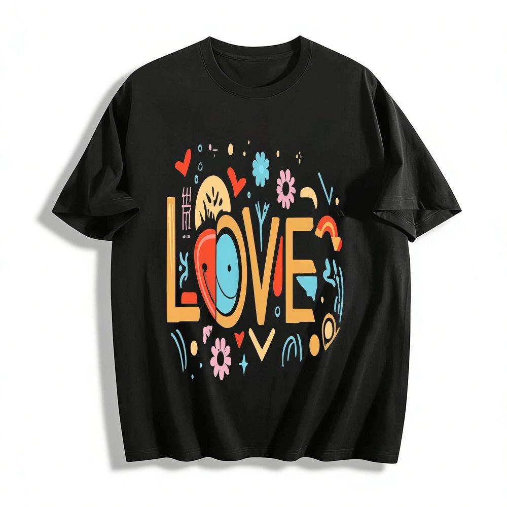 Cute Heart LOVE Print Casual Tshirt Unisex Loose Fit Short Sleeve Top Pure cotton T-shirt XXS