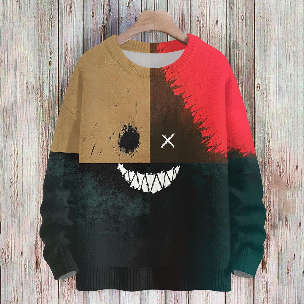 Women's Casual Long Sleeve Halloween Print Round Neck Knit Sweater Top
