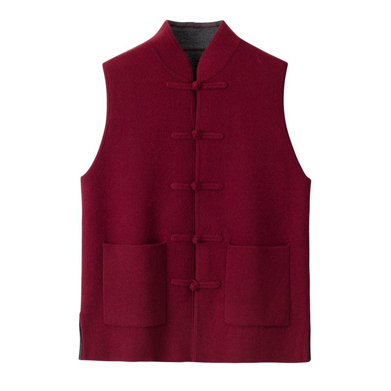 

100% Pure Cashmere Mandarin Collar Red Frog Closure Sleeveless Cardigan Vest 110