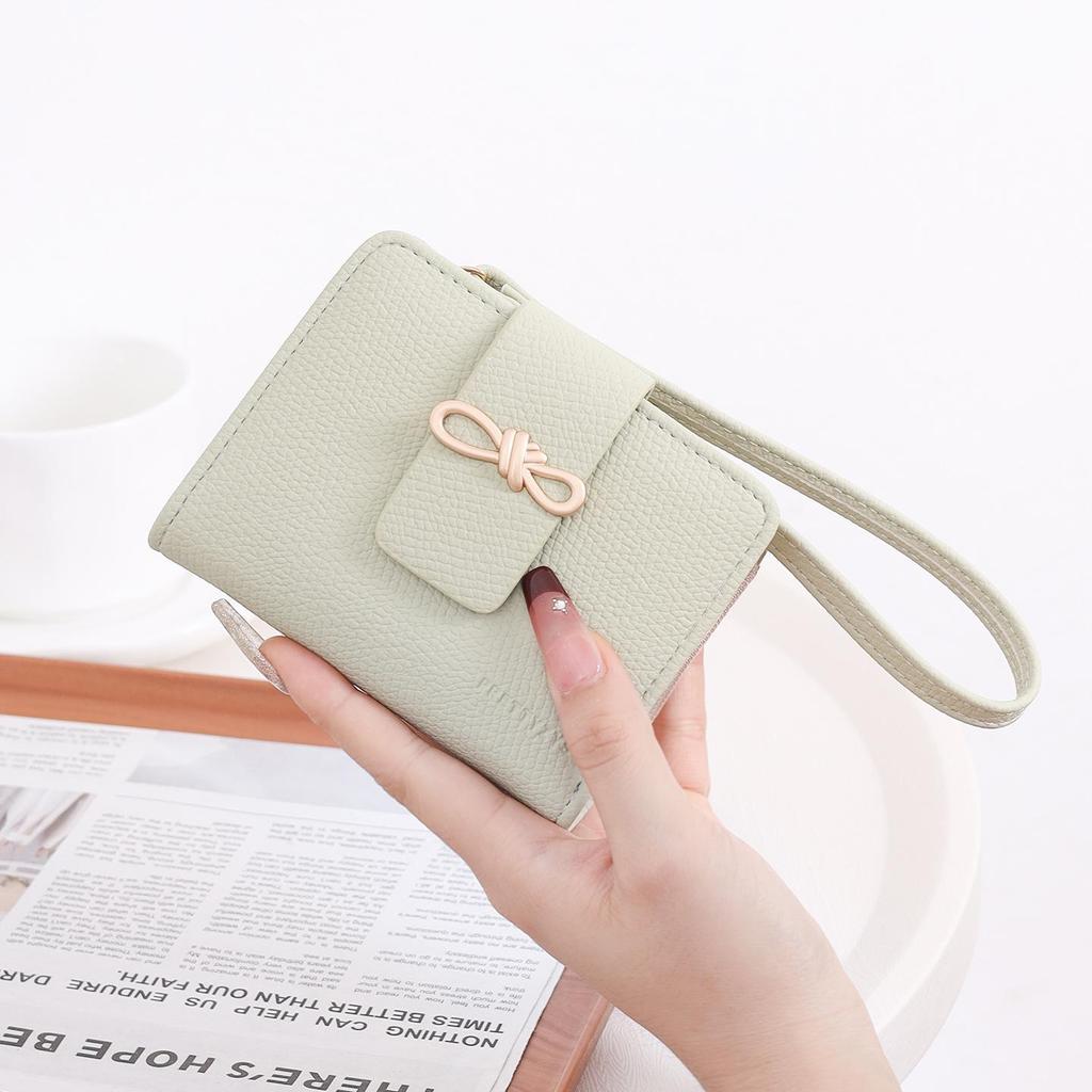 Korean Style Women's Bow Short Wallet Clutch with Zipper Wristlet