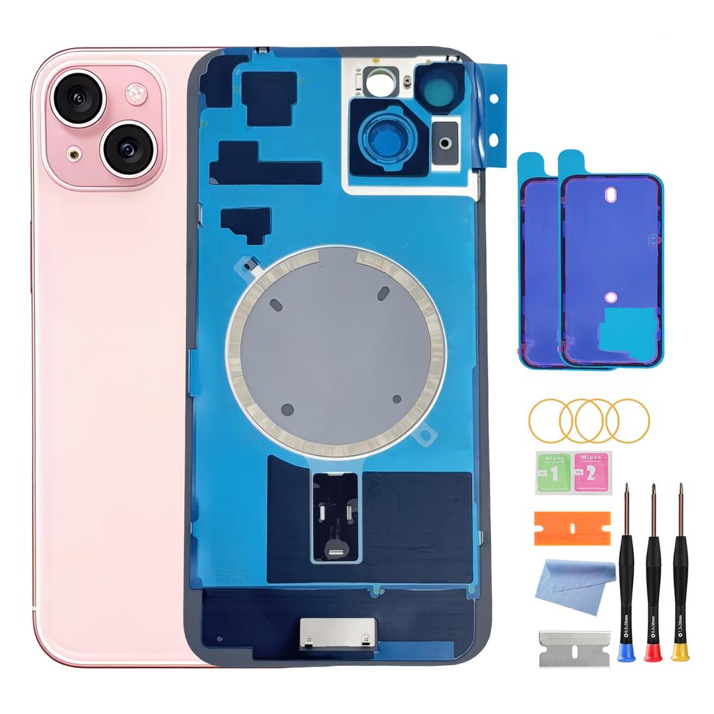 Back Housing for iPhone 15 (6.1-inch) with Glass Rear Cover, Middle Frame, SIM Tray and Repair Tools