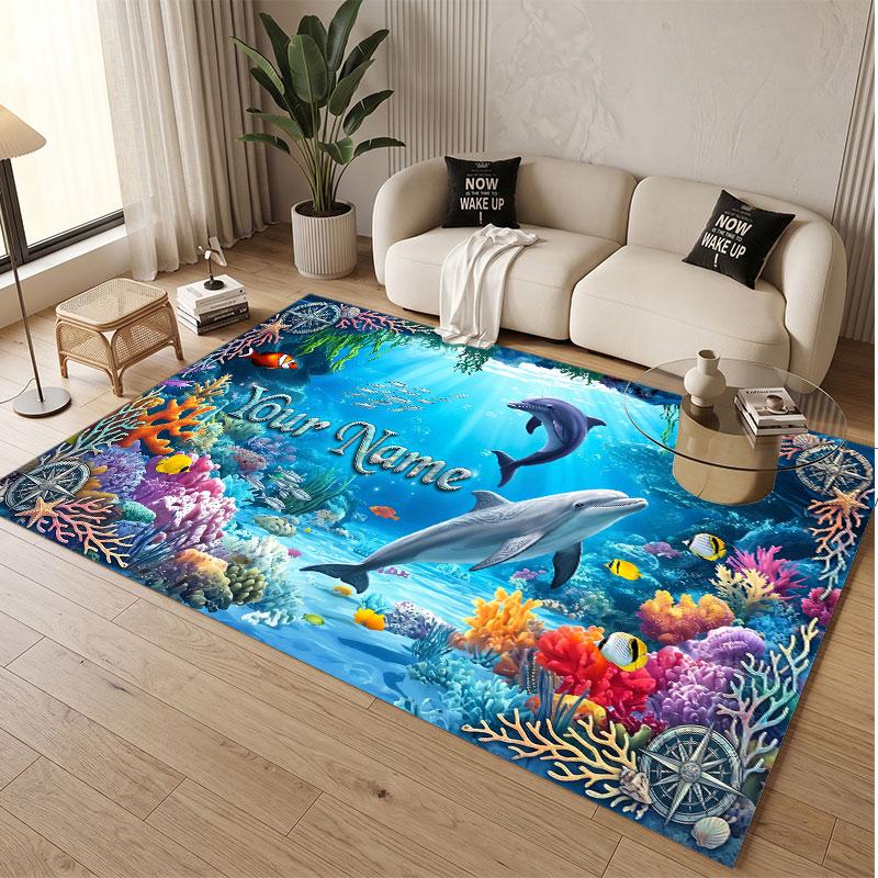Fish Ocean Theme Soft Crystal Velvet Rug Custom Name & Text Print Non Slip Floor Rug for Bedroom Living Room