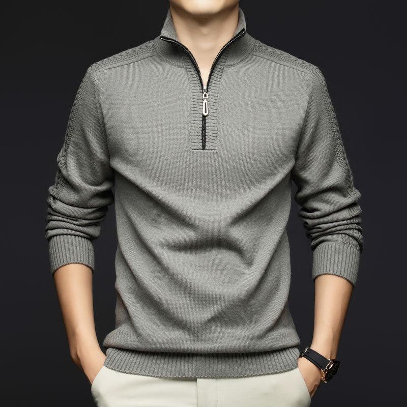 Men's Thick Warm Wool Sweater - Half-Zip, Stand Collar, Long Sleeve, Casual Knitwear