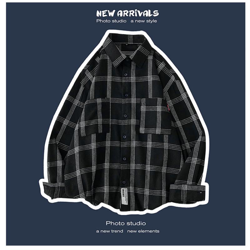 2023 New Men's Clothing Shirt Long Sleeve Square Collar Spring Autumn Loose Fashion Casual Plaid All-match Button Tops