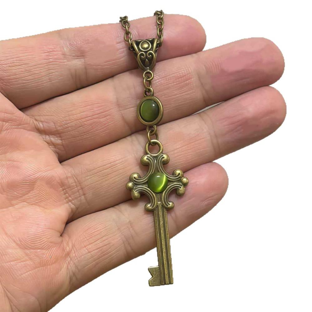 Victorian Green Gemstone Bronze Color Treasure Box Key Cross Pendant Necklace for Women Gothic Halloween Party Vampire Jewelry