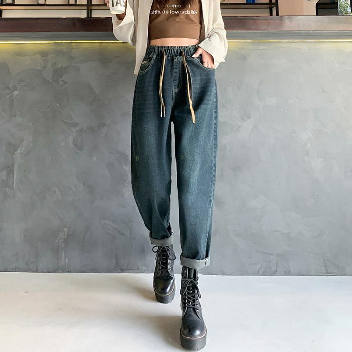 

DIMANAF 2024 Осень Женские Джинсы Брюки Пояс Высокая Талия Эластичные Пуговицы Базовые Брюки Длинные Брюки 4XL синий