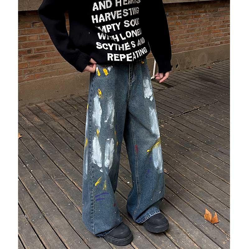 Unisex Retro High-Waisted Wide-Leg Graffiti Jeans - Petite Flared Autumn/Winter Casual Pants