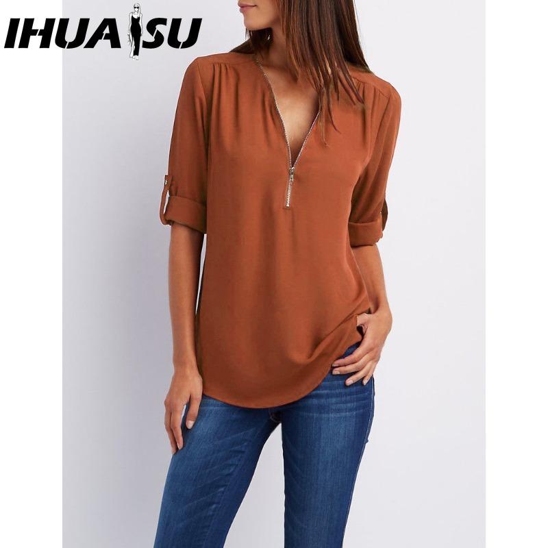 IHUASU Women's Fashion Casual Solid Color Print Short Sleeve POLO Neck Blouses & Shirts