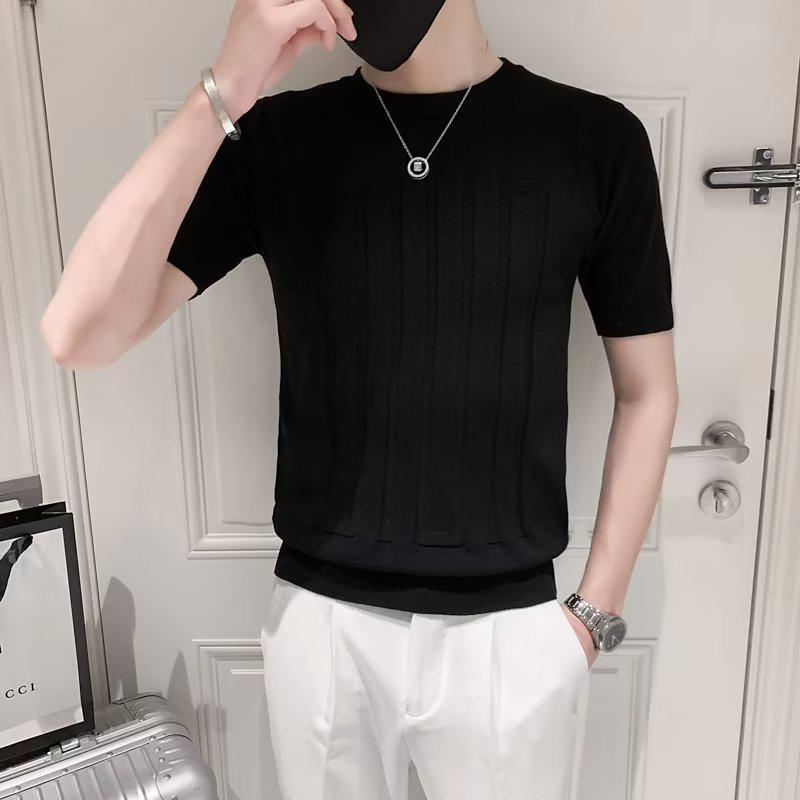 Herren Trendiges Gestreiftes Eis-Seide Slim Fit T-Shirt - Atmungsaktiv, Kurze Halbarme