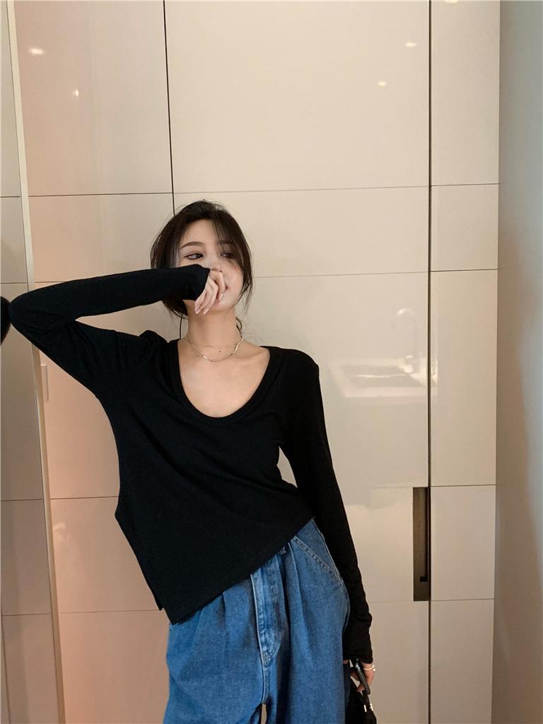 Irregular White Slim Long Sleeved T-Shirt Women'S Autumn Dress New Design Sense Students Wear A Bottoming Shirt Top