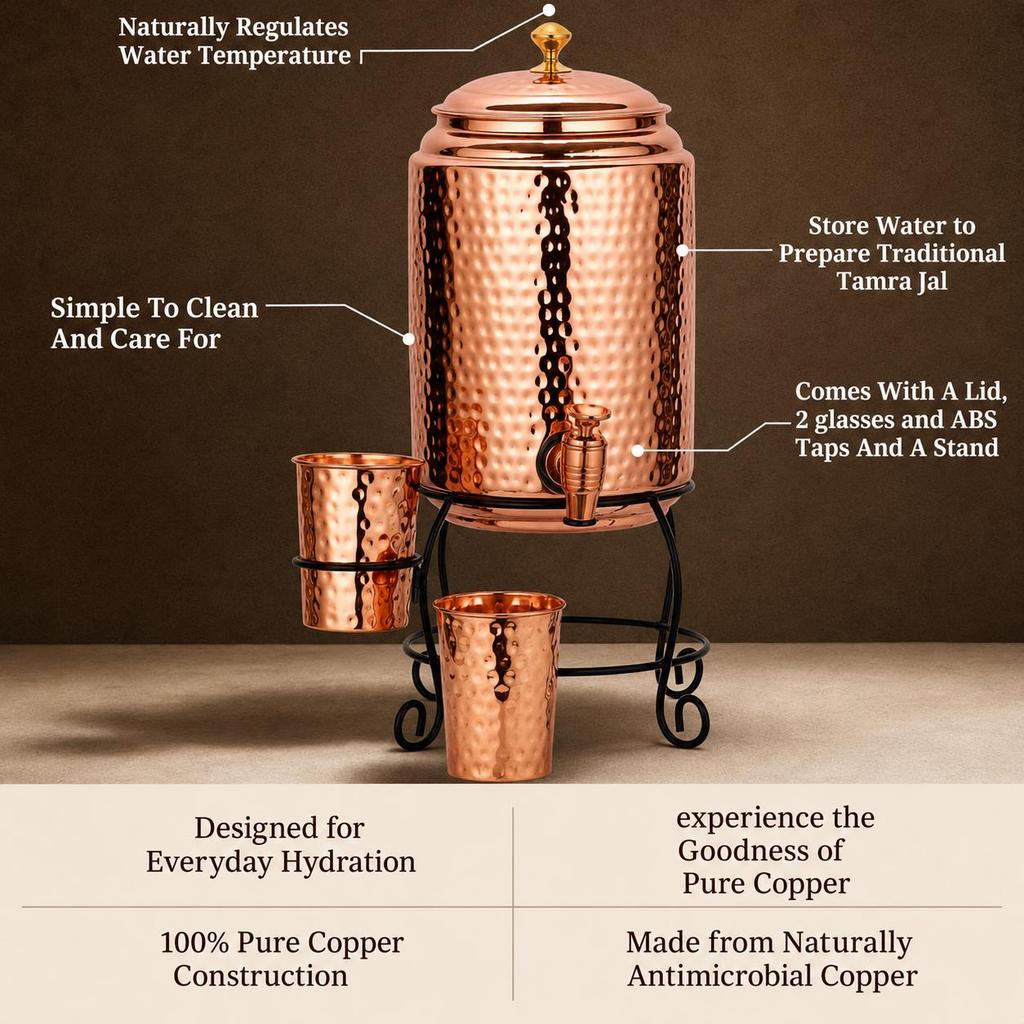 Copper Water Dispenser Set – 5 Litres | Hammered Natural Finish | Includes Stand, 2 Glasses & ABS Tap | Ayurvedic Tamra Jal Water Storage Pot