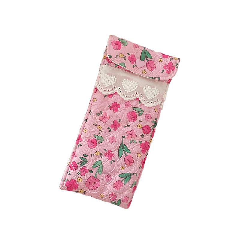 Kawaii Quilted Glasses Bag Cute Cartoon Eyeglasses Pouch Soft Cotton Sunglasses Case With Heart Button Lace For Women Girls
