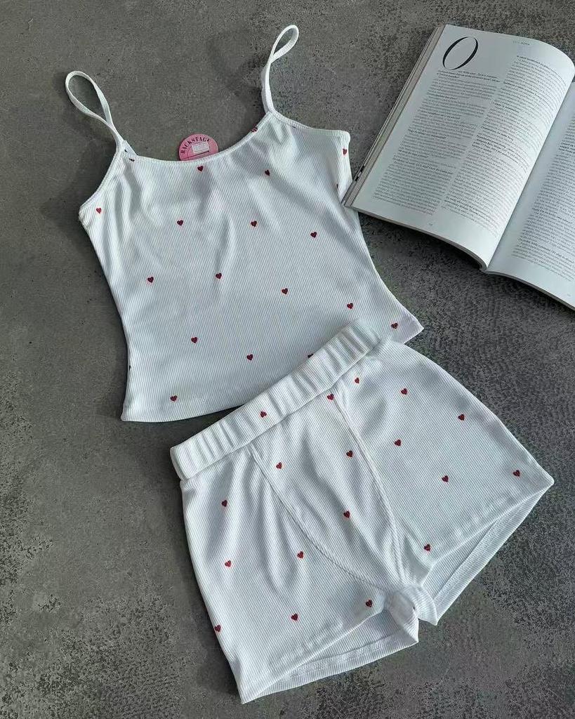 Damen-Strick-Pyjama-Set mit Herzmuster - Weste und elastische Shorts 2025