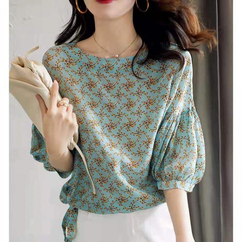 

Женская шифоновая блузка весна-лето в стиле рубашка женская с коротким рукавом с принтом О-образный вырез повседневная элегантная XXL зелёный