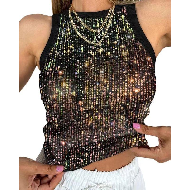 Leopard Print Sequin Vest Women's Leopard Print Vest Sexy Waist Hollow-out Sleeveless Tops 51460