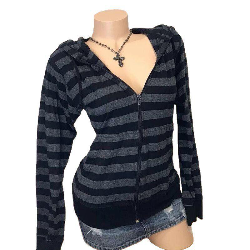 2025 Winter New Black and Gray Striped Hooded Zipper Sweatshirt for Women, Gothic Style Slim Fit Jacket Black S