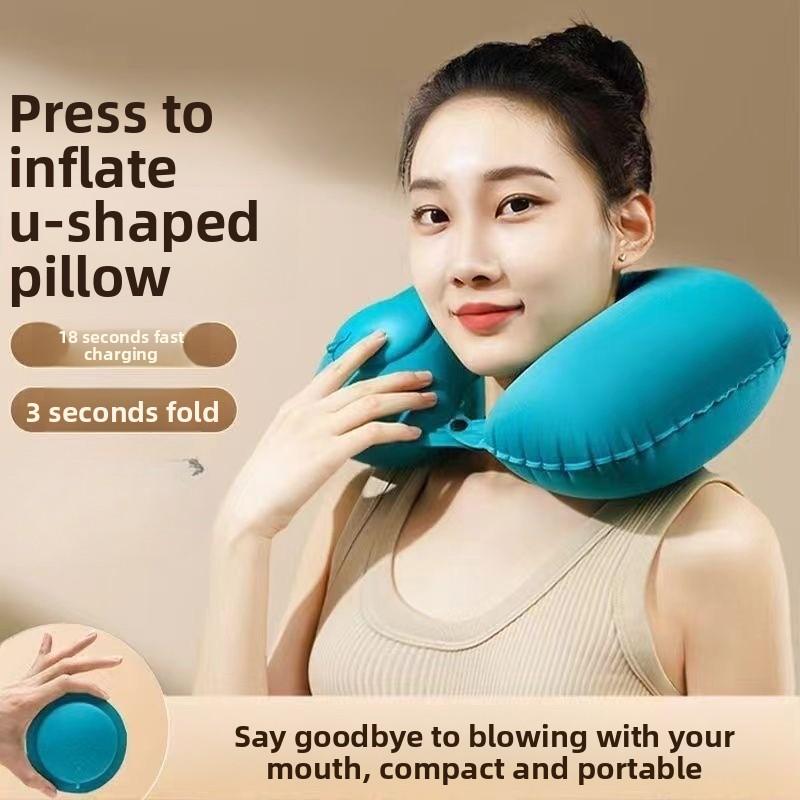 Press-type Inflatable U-shaped Pillow - Portable U-shaped Aircraft Neck Support Pillow - Travel Must-have - Sleeping Cervical Pillow