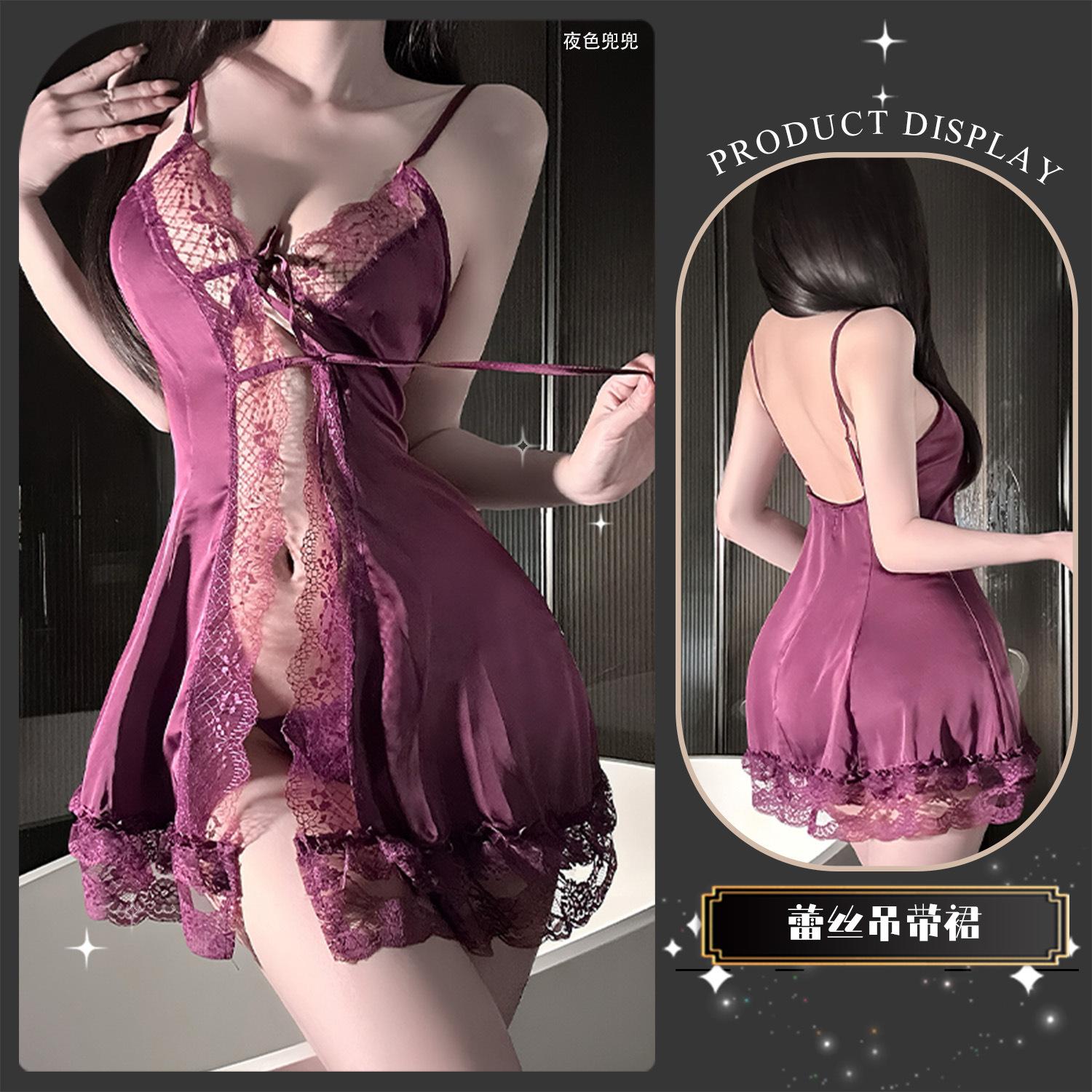 

Sexy lingerie lace hollow suspender seduction Internet celebrity style nightdress sexy pajama suit women M