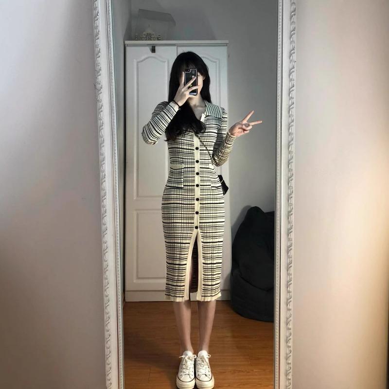 Autumn and Winter New Retro Striped Knitted Dress with a Coat Inside and a Long Thin Sweater Skirt for Women