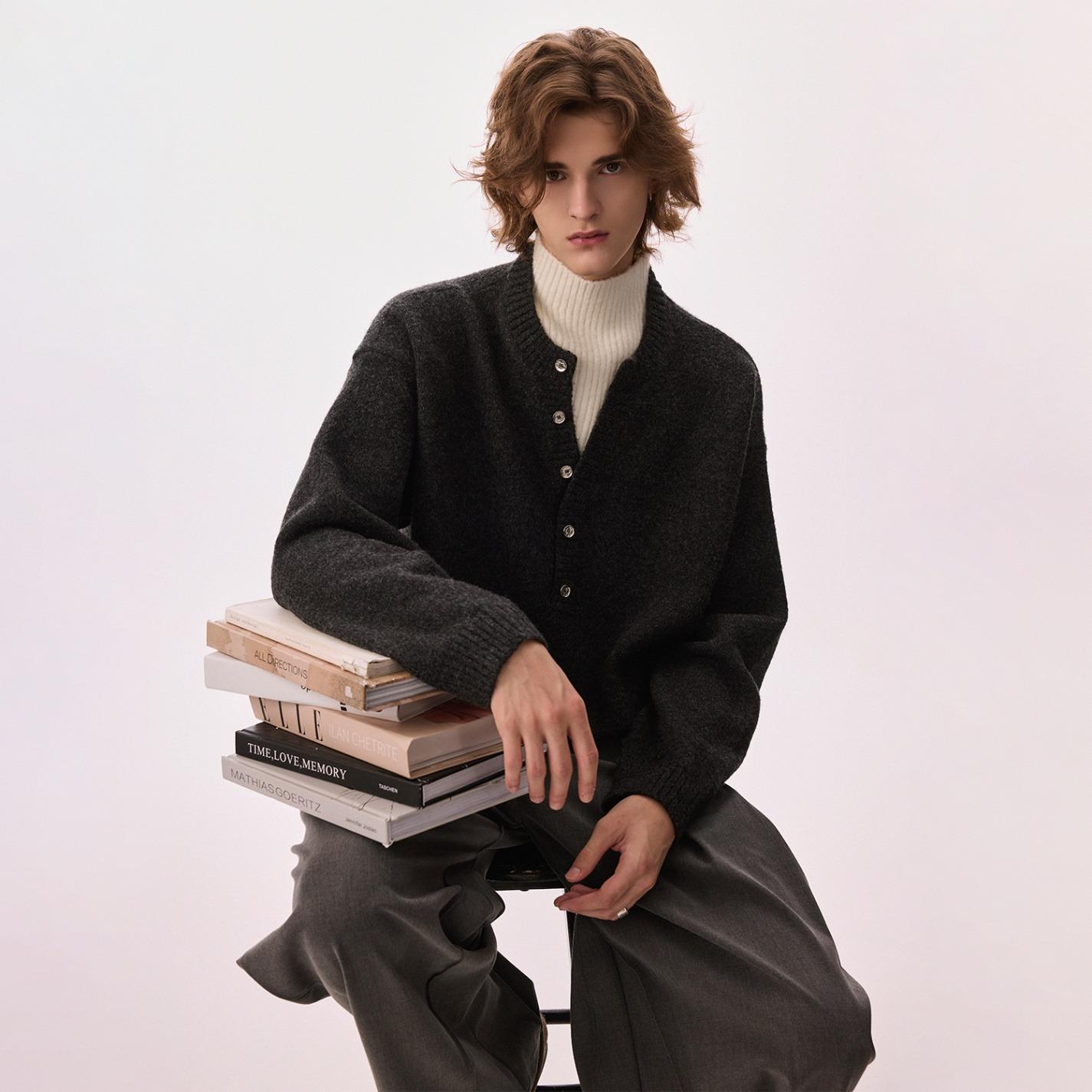 

2025 Winter Trendy High Neck Two-Piece Style Knit Sweater for Men - Black Casual Top L чорний колір сірий