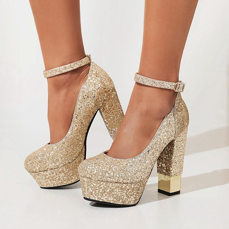 Pailletten Gold Pumps Frauen Bling-Bling Glitter Silber High-Heels Schuhe Dame Dicken Absätzen Plattform Schnalle Schuhe Hochzeit Party
