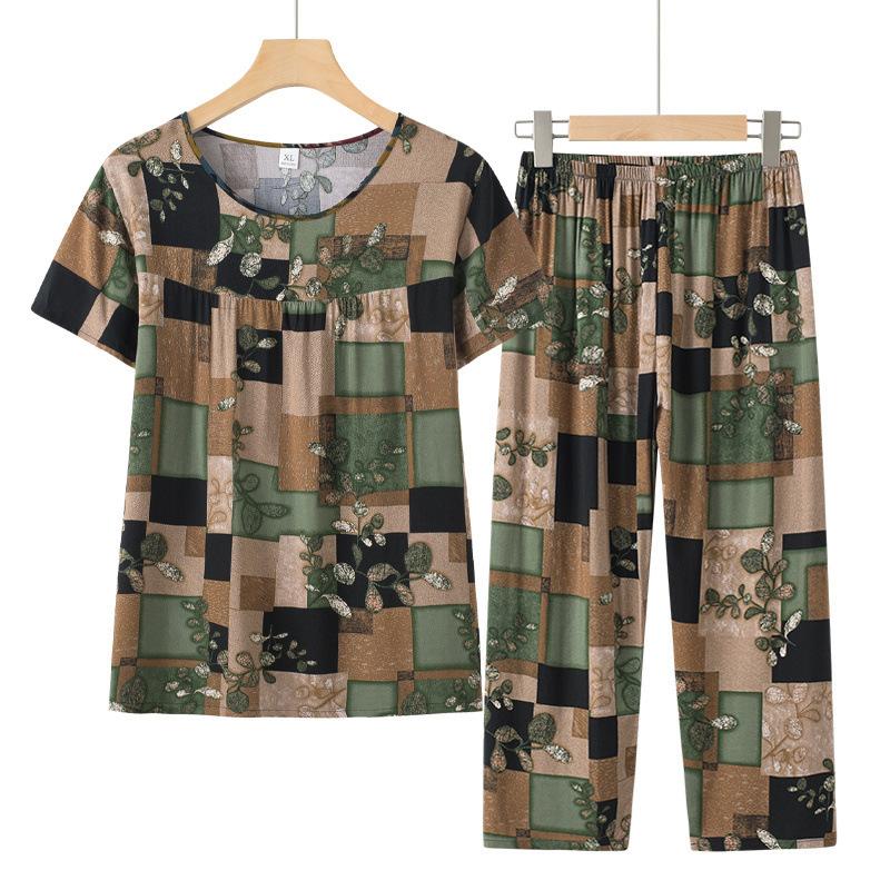 Women Loose Fit Suit Flower Printed Women's Top Pants Set with Retro Style Elastic Waist Breathable Fabric 2 for Grandmother's