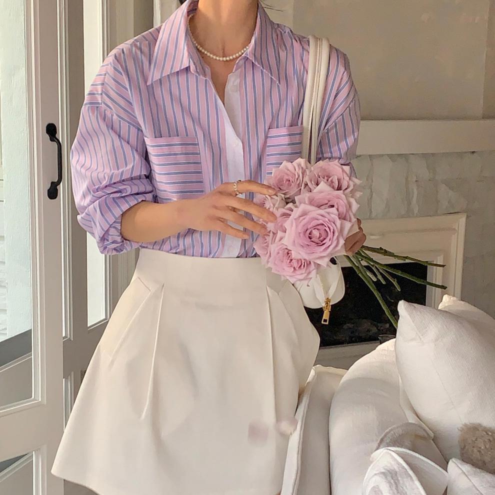 Camisa listrada de manga comprida com contraste retrô para mulheres, lapela de primavera, bolso duplo, blusa solta