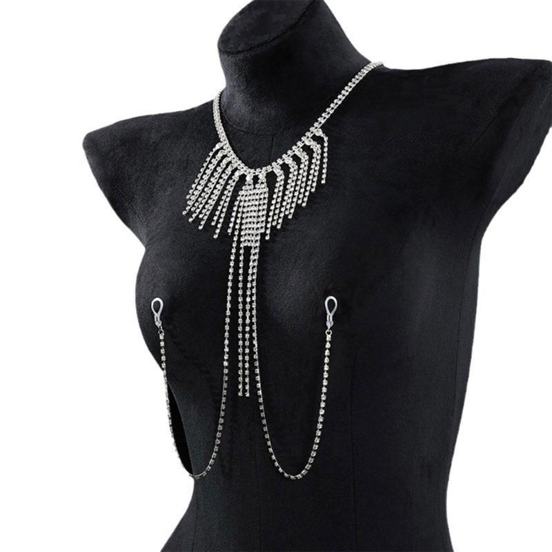 Crystal Rhinestones Fringe Body Chain Necklace Stylish Bra Chain Fashion Neck Jewelry Piece For Evening Event