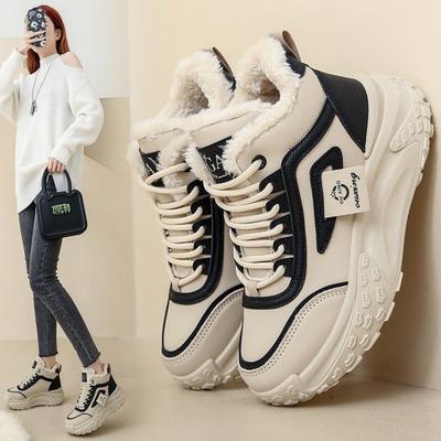 Autumn and Winter New Velvet Thickened High-top Dad Shoes Leather Sports Snow Cotton Boots Women's Large Cotton Shoes