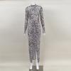 Women's Round Neck Long Sleeve Tight Bag Hip Slit Sexy Hot Casual Fashion Leopard Print Dress
