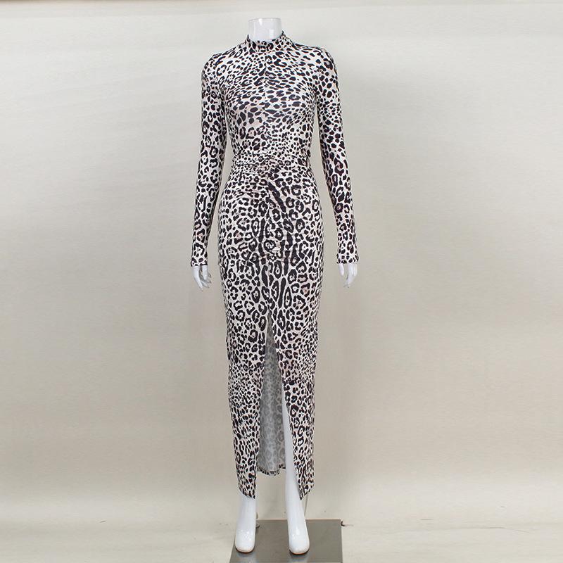 Women's Round Neck Long Sleeve Tight Bag Hip Slit Sexy Hot Casual Fashion Leopard Print Dress