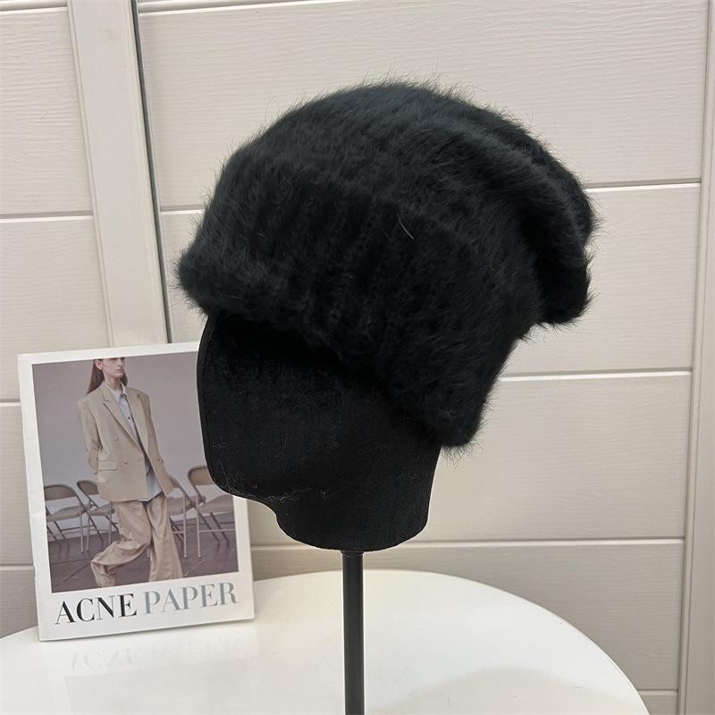 

Свободного кроя вязаная шапка-пуловер из кроличьего меха с гофром, женская осенне-зимняя теплая защита ушей от холода, шерстяная теплая шапка Average size 54- 60CM чёрный