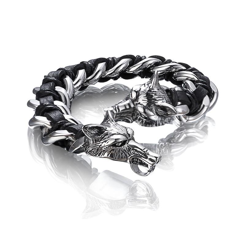 Titanium Steel Wolf Head Bracelet Men Black Gunmetal Finish Leather Woven Band Vintage Style Biker Accessory