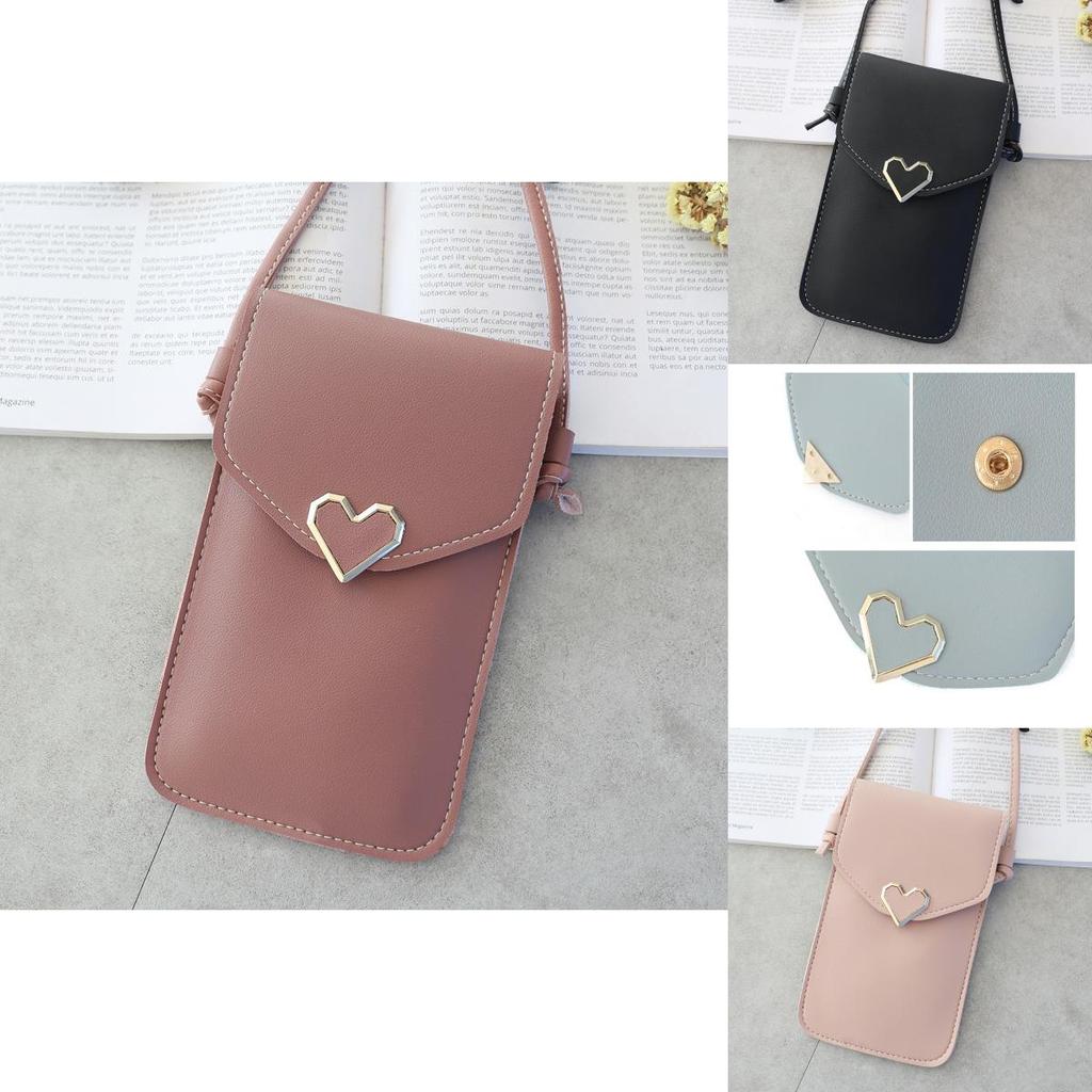 Stylish Women Simple Pu Leather Heart-shaped Decor Transparent Touch-screen Mobile Phone Bag