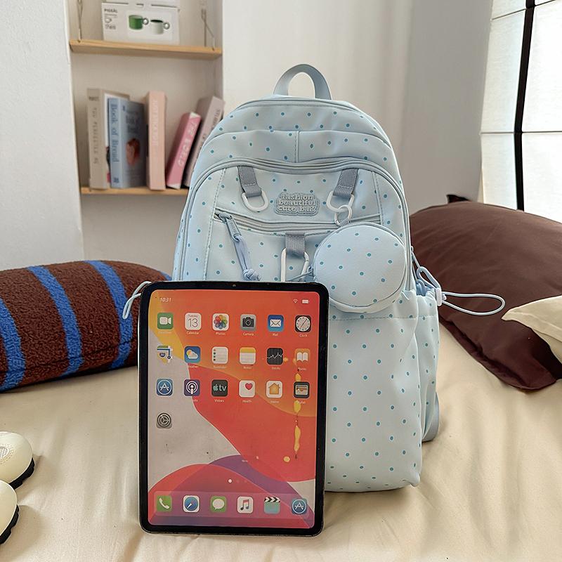 Women's Wave Point Print Backpack Junior High School Student Schoolbag Large Capacity Backpack with Coin Purse