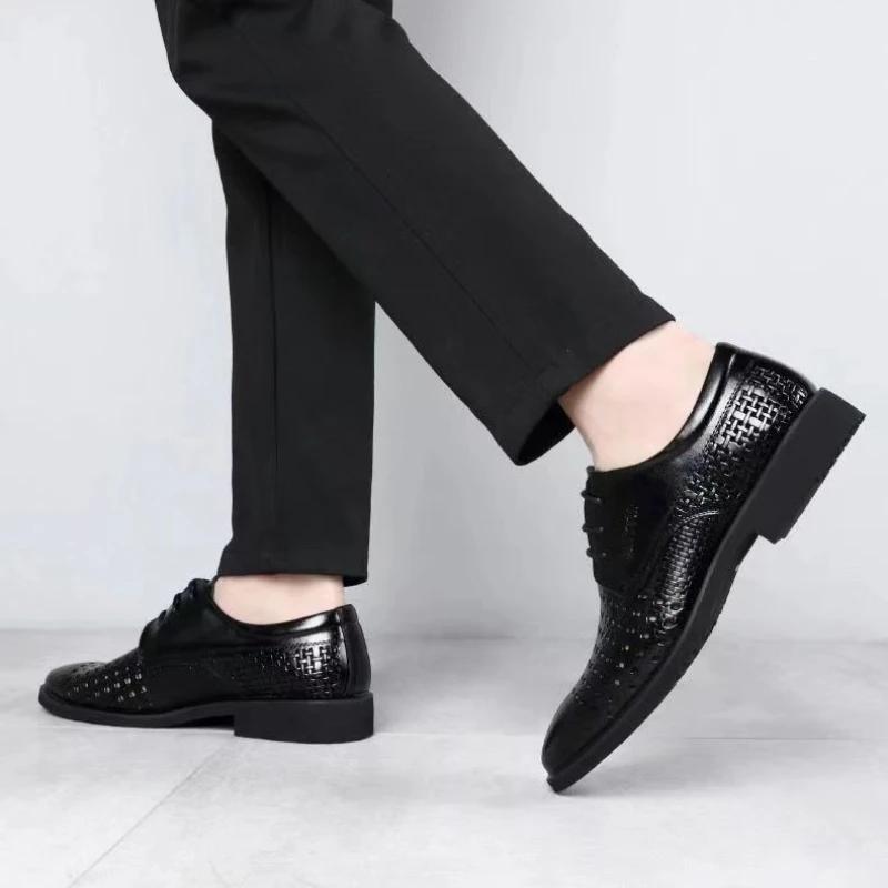 Low Heel Mesh Lightweight Plain Social Shoe for Men Italian Cowhide Suit Luxury Designer Black Footwear Official Dress Shoes Man