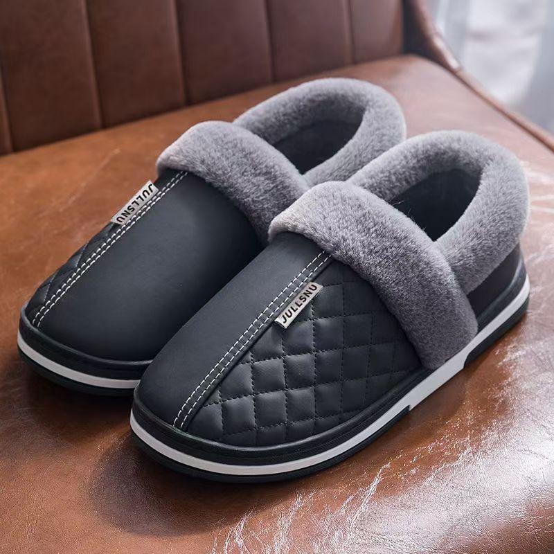 Waterproof Bag and Outer Wear Leather Cotton Shoes, Home Thick-soled Warm Winter Non-slip Cotton Slippers for Men and Women