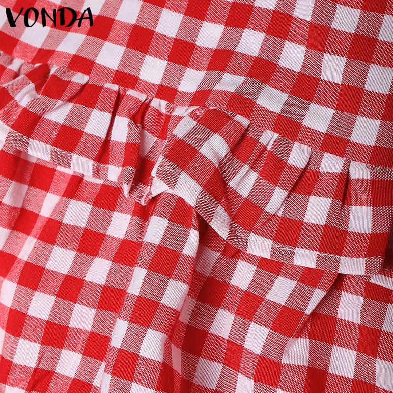 VONDA Women Sleeveless Ruffled Patchwork Plaid Casual Tank Tops Blouse