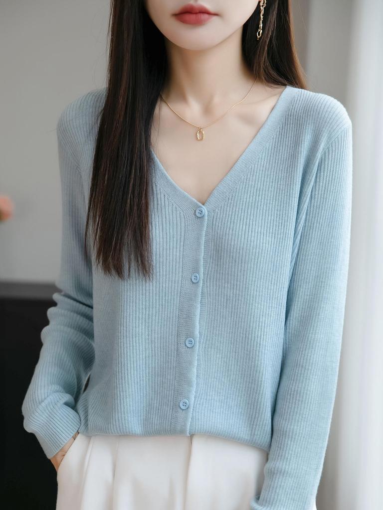 Versatile Fashion Wool V-Neck Ribbed Cardigan Sweater, Long Sleeve Top